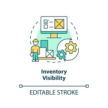 2B düzenlenebilir envanter görünürlüğü ince çizgi simgesi konsepti, izole vektör, çok renkli illüstrasyon tedarikçi yönetimini temsil ediyor.
