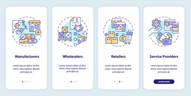 Satıcı yönetim mobil uygulama ekran setini temsil eden 2D simgeler. İnce çizgi simgeleri konsepti, UI, UX, GUI şablonu ile 4 basamaklı çok renkli grafik talimatları.