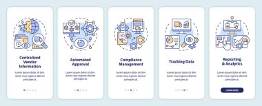 Satıcı yönetim mobil uygulama ekran setini temsil eden 2D simgeler. İnce çizgi simgeleri konsepti, UI, UX, GUI şablonu ile 5 basamaklı çok renkli grafik talimatları.