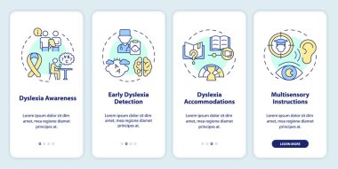 Disleksi mobil uygulama ekran setini temsil eden 2D simgeler. Doğrusal simge konsepti, UI, UX, GUI şablonu ile 4 basamaklı çoklu renk grafiksel talimatlar.