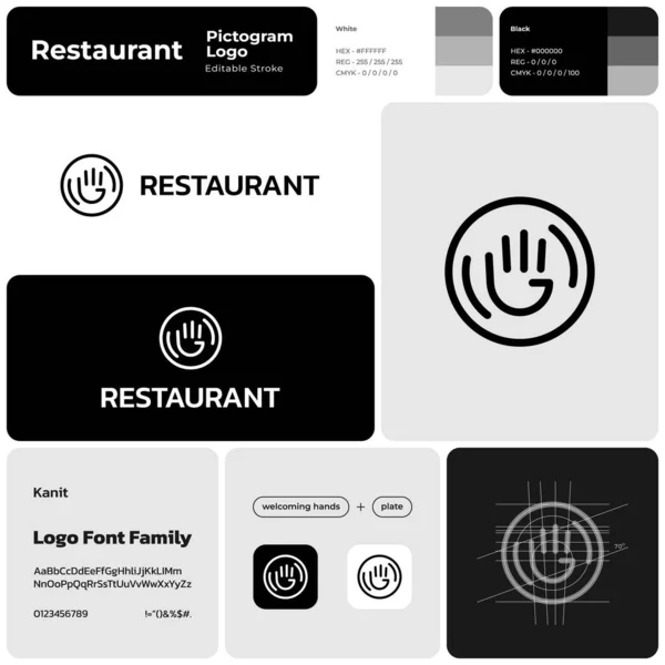 Restaurant Monochromen Linie Business Logo Mit Markenname Begrüßende Hände Und — Stockvektor