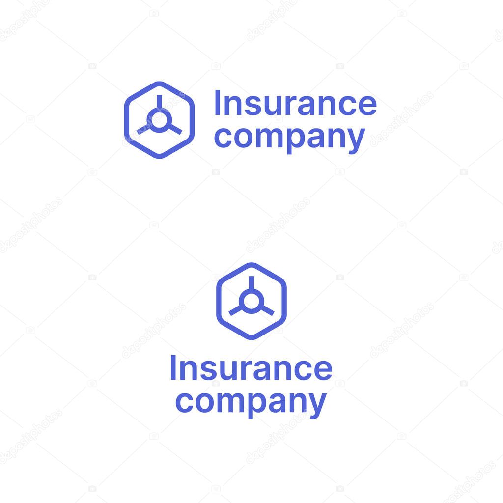 Insurance company business logo with brand name. Safe box icon. Blue creative design element and visual identity. Suitable for insurance, financial protection, risk management.
