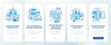 Çevrimiçi terapi mobil uygulama ekranını temsil eden 2D simgeler. Doğrusal simge konsepti, UI, UX, GUI şablonu ile 5 adım mavi grafik talimatları.