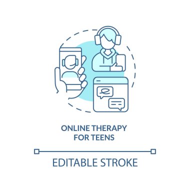 Çevrimiçi terapiyi temsil eden 2D düzenlenebilir gençler için ince çizgi mavi ikon konsepti, izole vektör, tek renkli illüstrasyon.