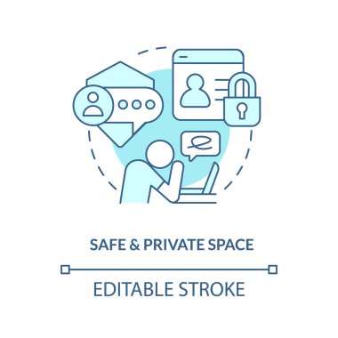2D düzenlenebilir güvenli ve özel alan ince çizgi mavi ikon konsepti, izole vektör, tek renkli illüstrasyon çevrimiçi terapiyi temsil ediyor.