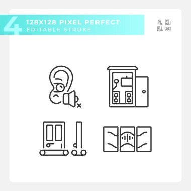 Piksel mükemmel siyah simgeler seti ses geçirmez, düzenlenebilir ince doğrusal resimleme.