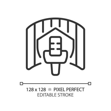 2D piksel mükemmel düzenlenebilir ses geçirmez stüdyo siyah ikonu, izole vektör, ses geçirmez ince çizgi çizimi.