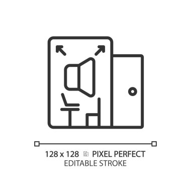 2D piksel mükemmel düzenlenebilir oda siyah simgesi, izole vektör, ses geçirmez ince çizgi çizimi.