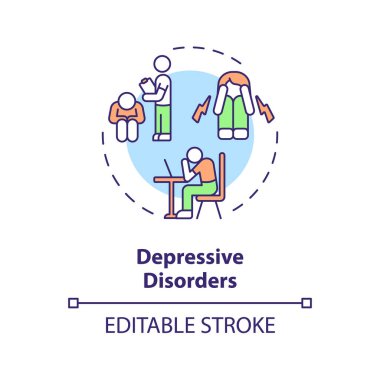 2B düzenlenebilir depresif bozukluklar ince çizgi simgesi konsepti, izole vektör, davranış terapisini temsil eden çok renkli illüstrasyon.