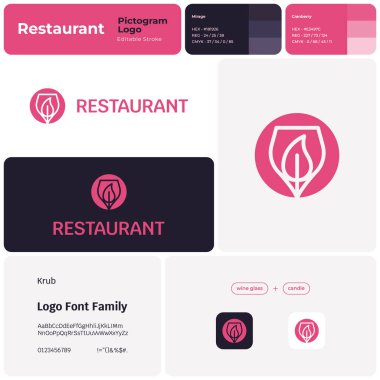 Markalı 2D restoran işletme logosu. Şarap kadehi ve mum ikonu. Tasarım elemanı ve görsel kimlik. Krub font ile yaratıcı şablon. Besin zinciri, bar, restoran ve lokanta için uygun..