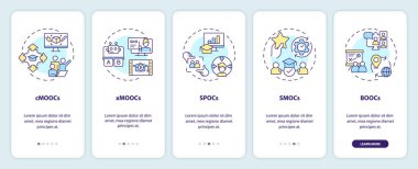 MOOC mobil uygulama ekran setini temsil eden 2D simgeler. Satır simgeleri konsepti, UI, UX, GUI şablonu ile 5 adım renkli grafik komutları.