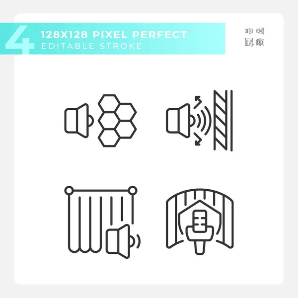 stock vector 2D pixel perfect black icons set representing soundproofing, editable thin line illustration.