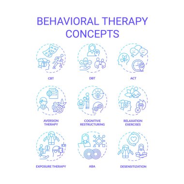 2B gradyan simgeleri davranışsal terapi kavramlarını, izole vektörü, ince çizgi mavi illüstrasyonunu temsil eder..