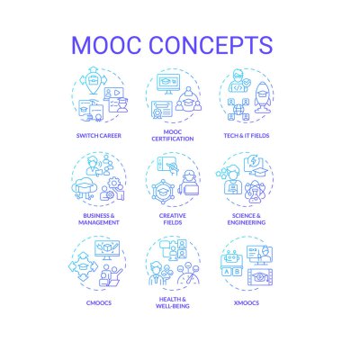 MOOC 'u temsil eden 2B gradyan ince çizgi simgeleri koleksiyonu, izole edilmiş vektör, mavi doğrusal illüstrasyon.