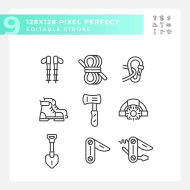 Yürüyüş takımlarını temsil eden mükemmel simge koleksiyonu, düzenlenebilir izole siyah ince çizgi çizimi.