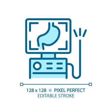 Endoskop pikseli mükemmel açık mavi simge. Tıbbi alet. Esnek tüp. Gastrobağırsak sistemi. RGB renk işareti. Basit bir tasarım. Web sembolü. Contour hattı. Düz çizim. Ayrı nesne
