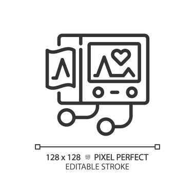 Ecg makinesi pikseli mükemmel doğrusal simge. Kalp monitörü. Kalp atışı. Sağlık kontrolü. Teşhis testi. İnce çizgili çizim. Contour sembolü. Vektör çizimi. Düzenlenebilir vuruş