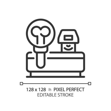 Bone densitometer pixel perfect linear icon. Medical scan. X ray technology. Health assessment. Diagnostic test. Thin line illustration. Contour symbol. Vector outline drawing. Editable stroke clipart