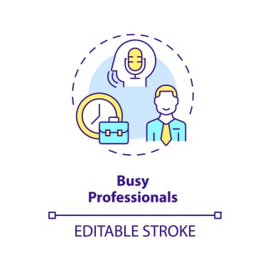 2D düzenlenebilir meşgul profesyoneller ince çizgi simgesi konsepti, izole vektör, çok renkli illüstrasyon ses asistanını temsil ediyor.