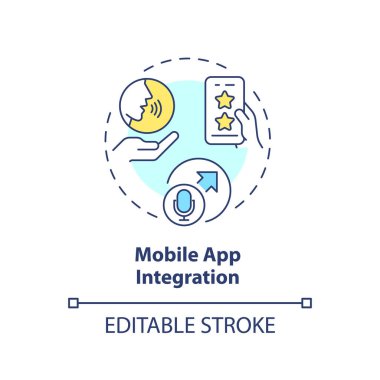 2B düzenlenebilir mobil uygulama entegrasyonu ince çizgi simgesi konsepti, izole vektör, çok renkli illüstrasyon ses asistanı.