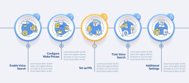 Çoklu renk simgeleriyle 2B ses asistanı vektör bilgi grafikleri şablonu, 5 adımlı veri görselleştirmesi, zaman çizelgesi.