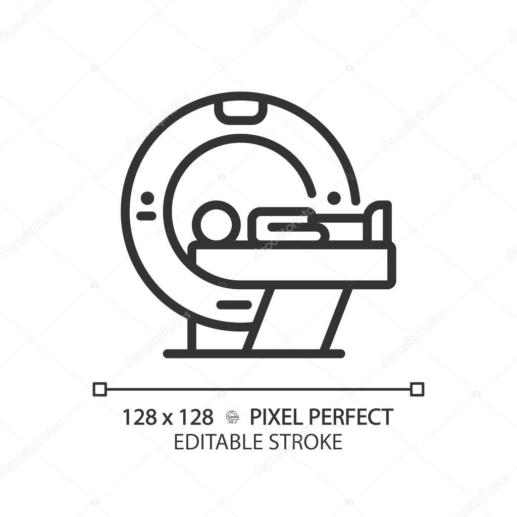 Ct scan pixel perfect linear icon. Medical imaging. Radiology doctor. Healthcare service. Health screening. Thin line illustration. Contour symbol. Vector outline drawing. Editable stroke