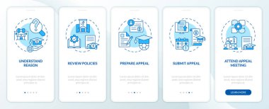 2D simgeler atletizm bursu mobil uygulama ekran setini temsil ediyor. Satır simgeleri konsepti, UI, UX, GUI şablonu ile 5 adım mavi grafik talimatları.