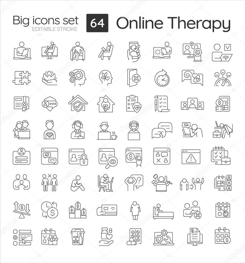 2D editable black big line icons set representing online therapy, isolated vector, linear illustration.