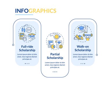 2D atletik burs vektör bilgi şablonu, 3 adımlı veri görselleştirmesi, zaman çizelgesi.