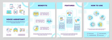 2B ses asistanı mavi broşür, ince çizgi simgeli broşür tasarımı, 4 vektör düzeni.