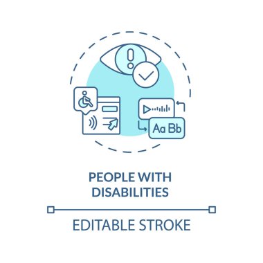 Engelli 2D insanlar ince çizgi mavi simge konsepti, izole vektör, ses asistanını temsil eden illüstrasyon.