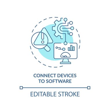 Yazılım kavramına 2B düzenlenebilir mavi simge bağlantı cihazları, izole edilmiş vektör, öngörülebilir bakım ince çizgi tek renkli illüstrasyon.