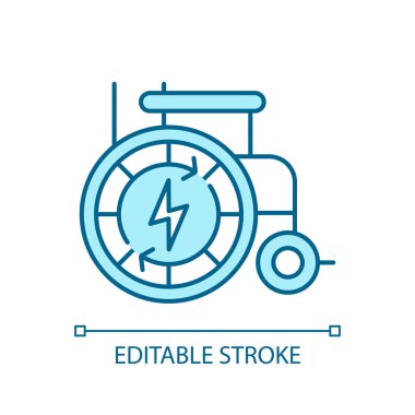 2D piksel mükemmel düzenlenebilir mavi otomatik tekerlekli sandalye ikonu, izole edilmiş tek renkli vektör, tıbbi bakım ekipmanlarını temsil eden ince çizgi çizgisi çizimi.