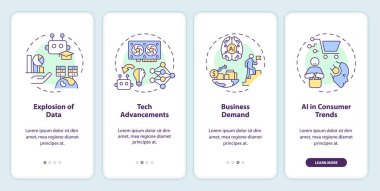 Yapay zeka mühendisliği mobil uygulama ekranını temsil eden 2D renkli simgeler. İnce çizgi simgeleri konsepti, UI, UX, GUI şablonu ile 4 adım grafik talimatları.