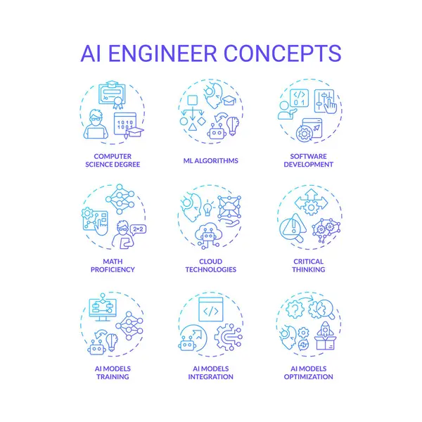 stock vector Set of 2D gradient thin line icons representing AI engineer, isolated vector, linear illustration.