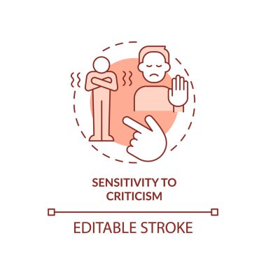 Eleştiri kavramına karşı 2B düzenlenebilir ince çizgi simgesi hassasiyeti, monokromatik izole vektör, eşbağımlı ilişkiyi temsil eden kırmızı illüstrasyon.