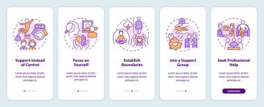 İki boyutlu simgeler, birbirine bağımlı mobil uygulama ekran setini temsil ediyor. Satır simgeleri konsepti, UI, UX, GUI şablonu ile 5 adım renkli grafik komutları.