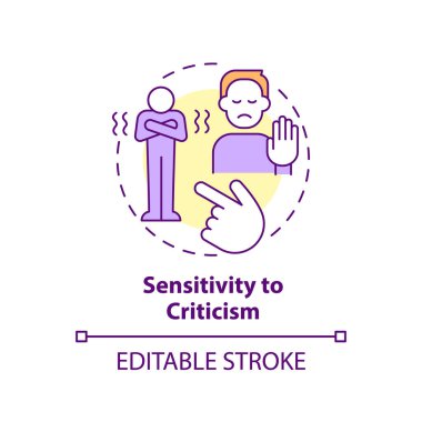 Eleştiri kavramına karşı 2B düzenlenebilir ince çizgi simgesi hassasiyeti, izole edilmiş vektör, çoklu renk illüstrasyonları birbirine bağımlı ilişkiyi temsil ediyor.