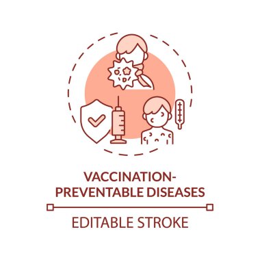 2D düzenlenebilir ince çizgi ikonu aşısı önlenebilir hastalıklar kavramı, izole edilmiş tek renkli vektör, sağlık sorunları olan ebeveynlik yapan çocukları temsil eden kırmızı illüstrasyon.