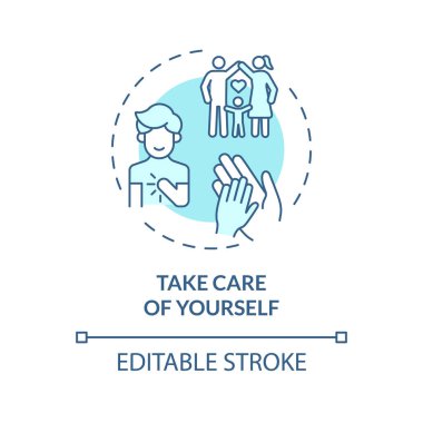 2D düzenlenebilir ince çizgi simgesi kendinize dikkat edin konsept, izole edilmiş tek renkli vektör, sağlık sorunları olan ebeveynlik yapan çocukları temsil eden mavi illüstrasyon.