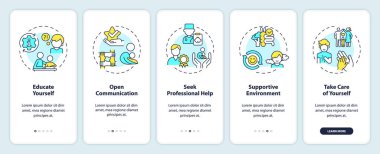 Ebeveynlik yapan çocukları temsil eden 2D simgeler. İnce çizgi mobil uygulama ekranı. İnce çizgi simgeleri konsepti, UI, UX, GUI şablonu ile 5 basamaklı renkli grafik komutları.