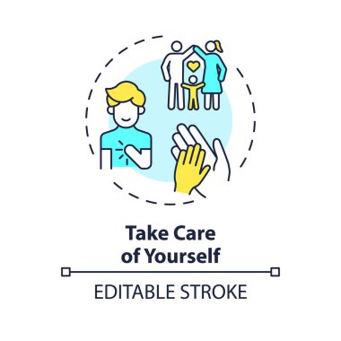 2B düzenlenebilir ince çizgi simgesi kendinize dikkat edin konsept, izole edilmiş basit vektör, çok renkli illüstrasyon sağlık sorunları olan ebeveynlik çocuklarını temsil ediyor.