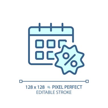 2B piksel mükemmel düzenlenebilir mavi sınırlı tarih indirim simgesi, izole edilmiş tek renkli vektör, İnce çizgi çizimi indirimleri temsil ediyor.