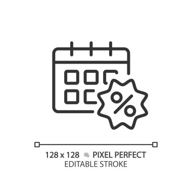 2B piksel mükemmel düzenlenebilir siyah sınırlı tarih indirimi simgesi, izole vektör, indirimleri temsil eden basit ince çizgi illüstrasyonu.