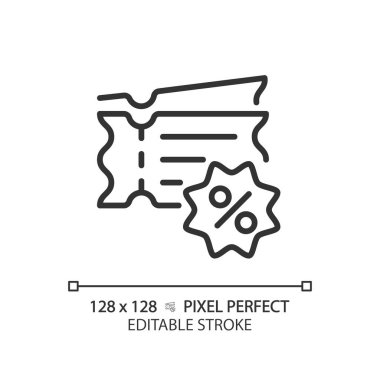 2B piksel mükemmel düzenlenebilir siyah indirim kuponları simgesi, izole edilmiş vektör, indirimleri temsil eden basit ince çizgi illüstrasyonu.