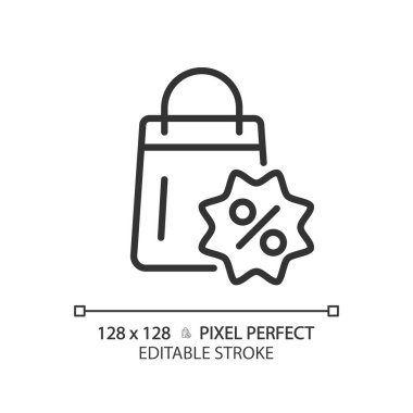 2B piksel mükemmel düzenlenebilir siyah alışveriş yüzdesi indirim simgesi, izole edilmiş vektör, indirimleri temsil eden basit ince çizgi illüstrasyonu.