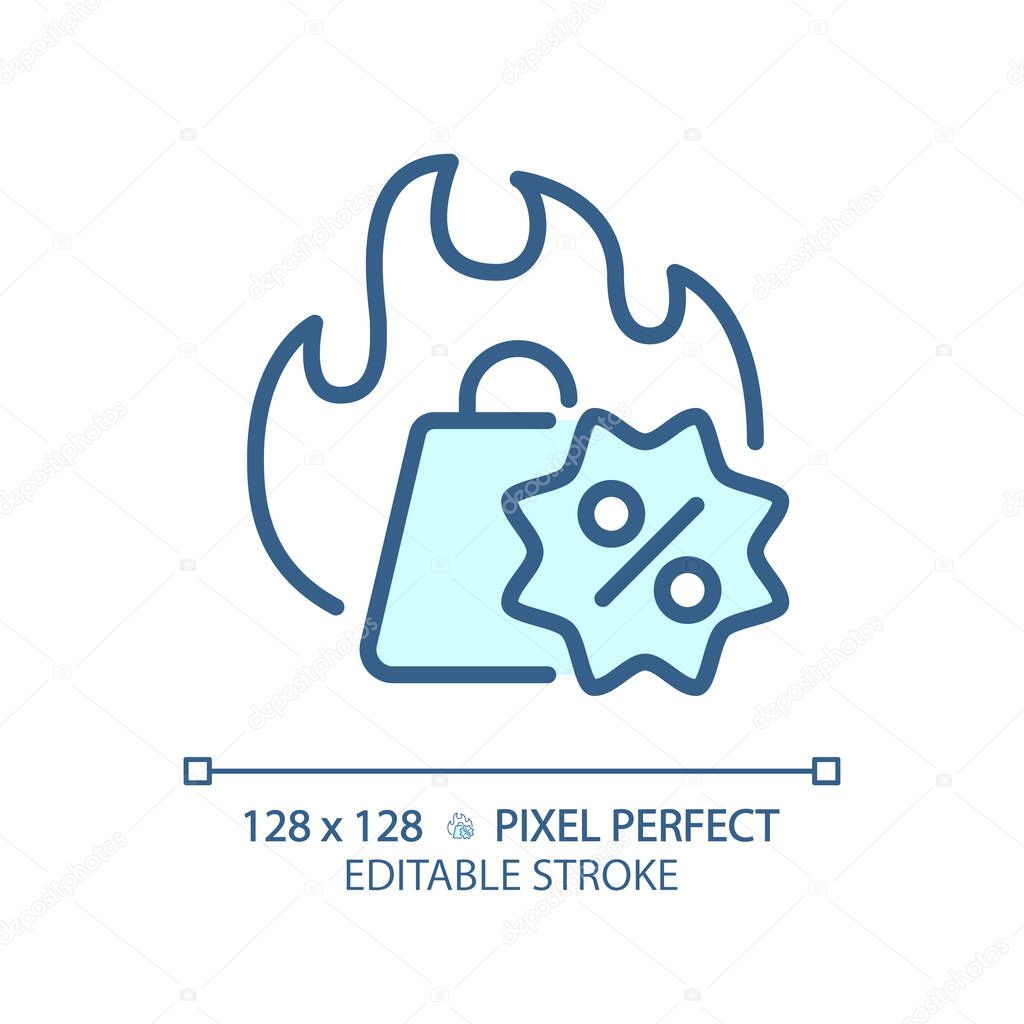 2D pixel perfect editable blue hot deal shopping icon, isolated monochromatic vector, thin line illustration representing discounts.