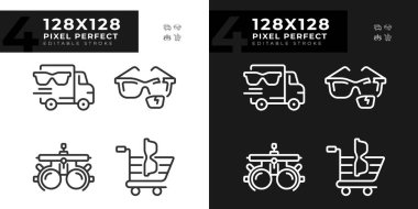 Piksel mükemmel ince doğrusal simgeler göz bakımını, düzenlenebilir ışığı ve koyu illüstrasyonu temsil eder..