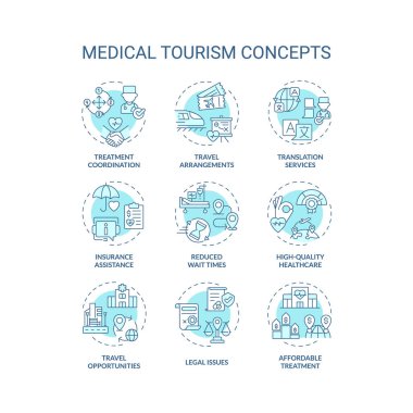 Tıbbi turizmi temsil eden 2D düzenlenebilir mavi çizgi simgeleri, izole edilmiş tek renkli vektör kümesi, doğrusal illüstrasyon.