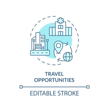 2D düzenlenebilir mavi seyahat olanakları simgesi, basit izole edilmiş tek renkli vektör, tıbbi turizm ince çizgi çizimi.